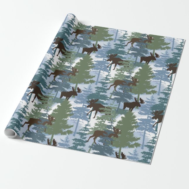 Winter Forest Moose Wrapping Paper (Unrolled)