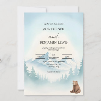 Winter Forest Mountain Bear Watercolor Wedding Invitation