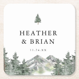 Winter Forest Mountain Wedding Bar Square Paper Coaster