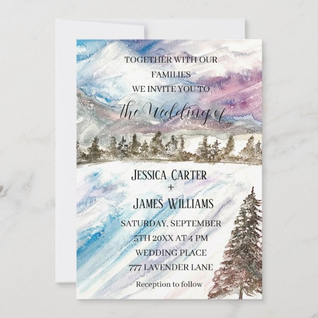 Winter Forest Mountains Pine Trees Blue Wedding Invitation (Front)