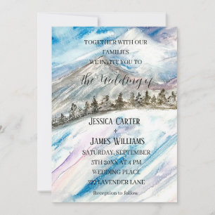 Winter Forest Mountains Pine Trees Blue Wedding Invitation
