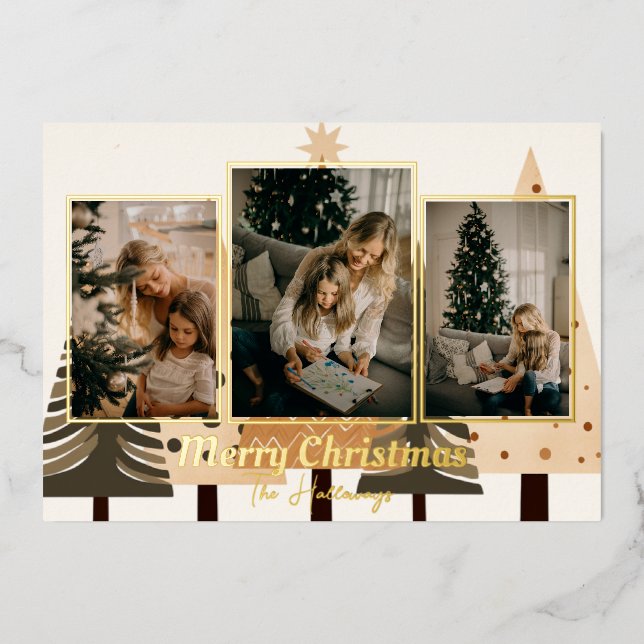 Winter Forest Neutral 3 Photo Foil Holiday Card (Front)