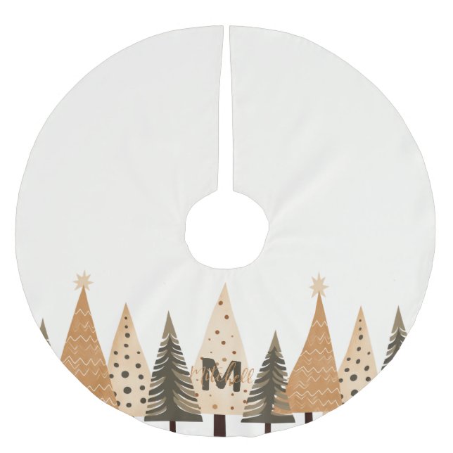 Winter Forest Neutral Monogram Brushed Polyester Tree Skirt (Front)