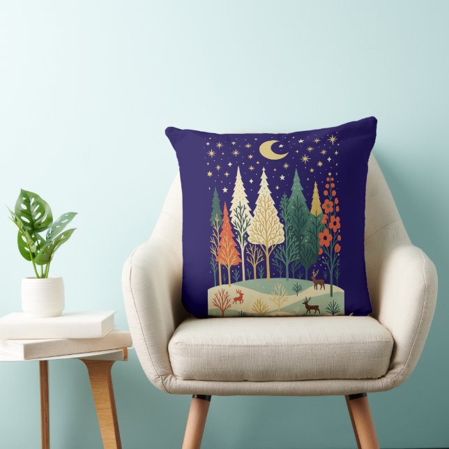 Winter Forest Night Throw Pillow | Moon & Deer Nat (Chair)