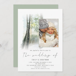 Winter Forest Photo QR Code Sage Wedding Invitation