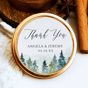 Winter Forest Pine Trees Chic Wedding Thank You Classic Round Sticker