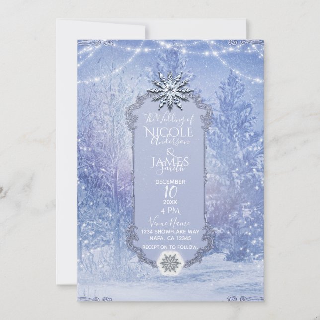 Winter Forest Pine Trees Lights Snowflakes Wedding Invitation (Front)