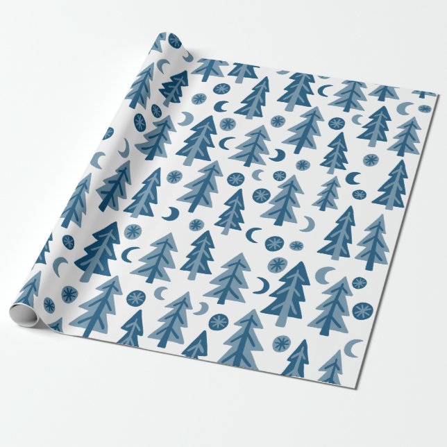 Winter Forest Pine Trees Moon Stars Holiday Gift Wrapping Paper (Unrolled)