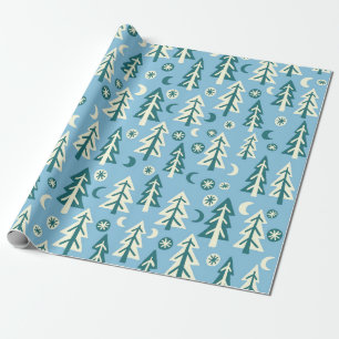 Winter Forest Pine Trees Moon Stars Holiday Wrapping Paper