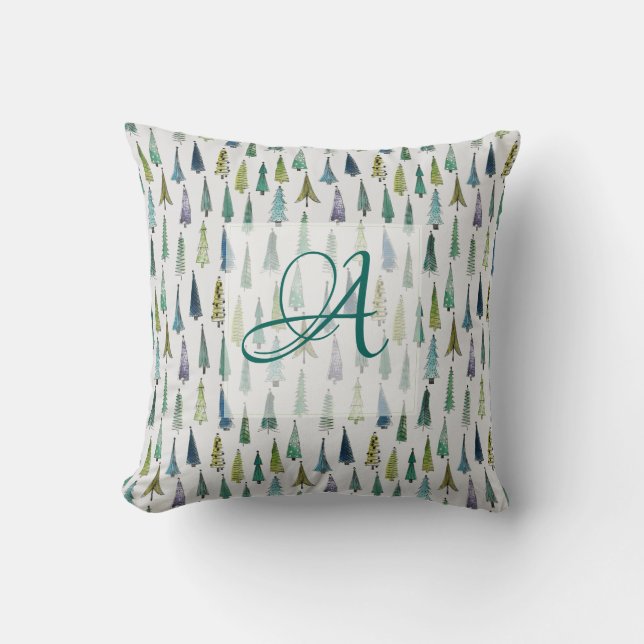 Winter Forest Pine Trees Pattern Monogrammed Decor Cushion (Front)