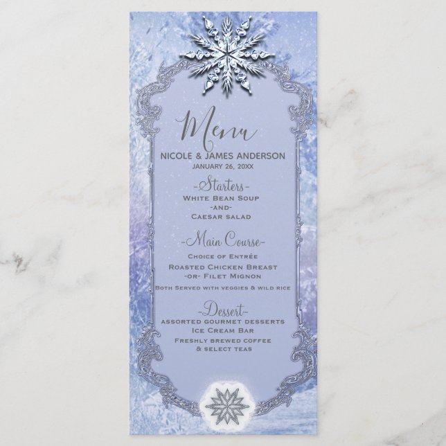 Winter Forest Pine Trees & Snowflakes Elegant Menu (Front)
