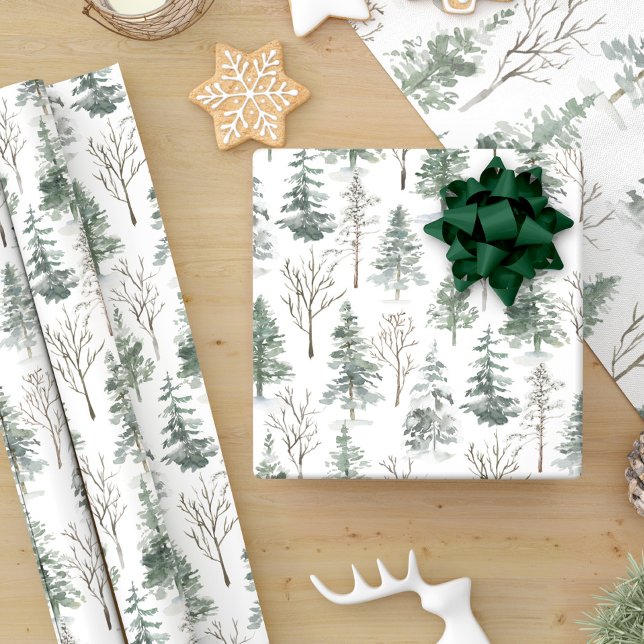 Winter Forest Pine Trees Watercolor Christmas Wrapping Paper (Creator Uploaded)