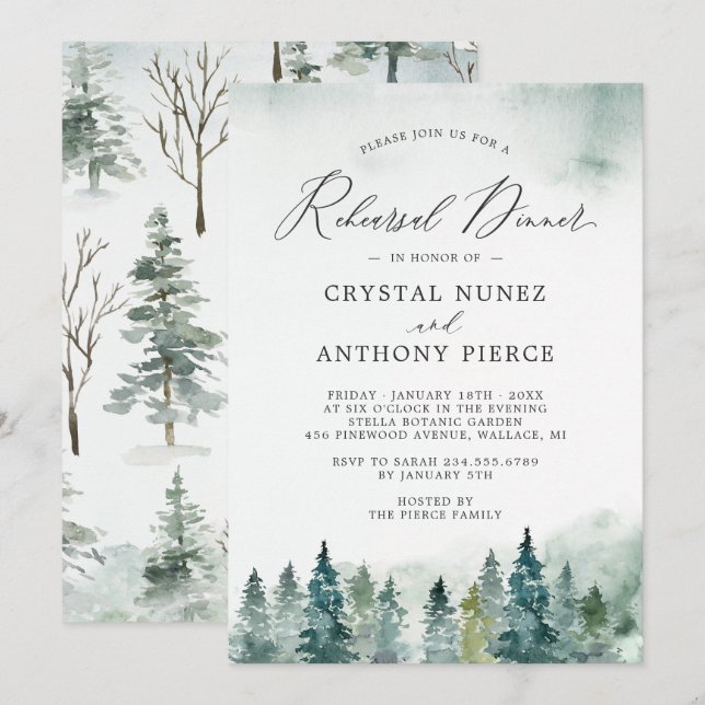 Winter Forest Pine Trees Wedding Rehearsal Dinner Invitation (Front/Back)