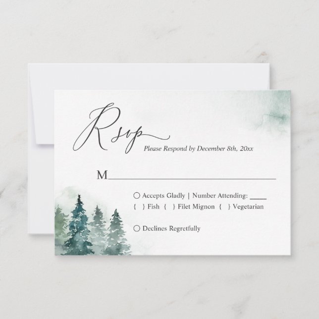 Winter Forest Pine Trees Wedding RSVP Card (Front)