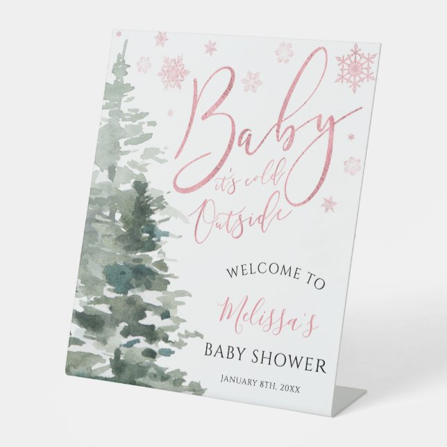 Winter Forest Pink Baby Shower Welcome Pedestal Sign (Front)