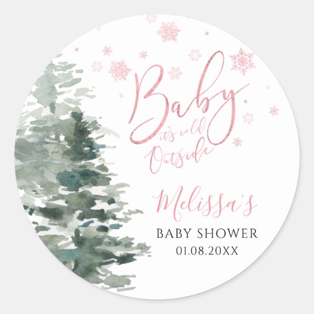 Winter Forest Pink It's Cold Outside Baby Shower Classic Round Sticker (Front)