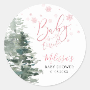 Winter Forest Pink It's Cold Outside Baby Shower Classic Round Sticker