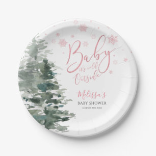 Winter Forest Pink It's Cold Outside Baby Shower Paper Plate