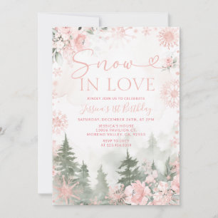 Winter Forest Pink Snow In Love Christmas Birthday Invitation