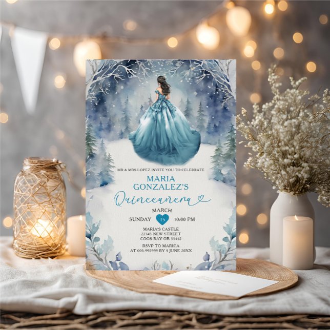 Winter Forest Princess Turquoise Dress Quinceañera Invitation (Creator Uploaded)