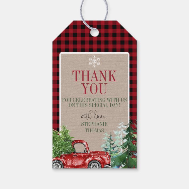 Winter Forest Red Truck Thank You Tag (Front)