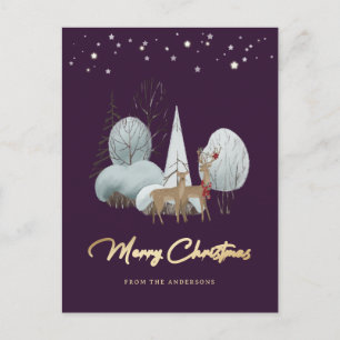 Winter Forest Reindeer Purple Merry Christmas Holiday Postcard