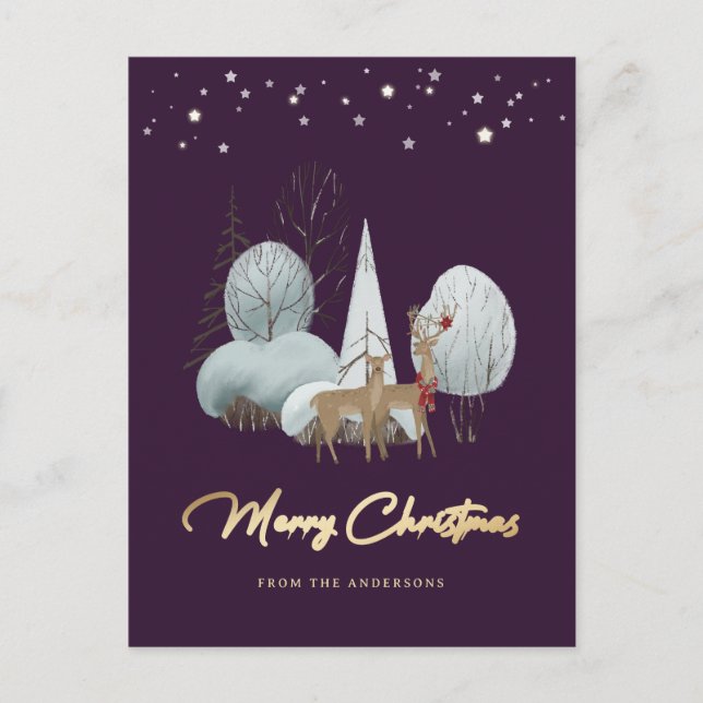 Winter Forest Reindeer Purple Merry Christmas Holiday Postcard (Front)