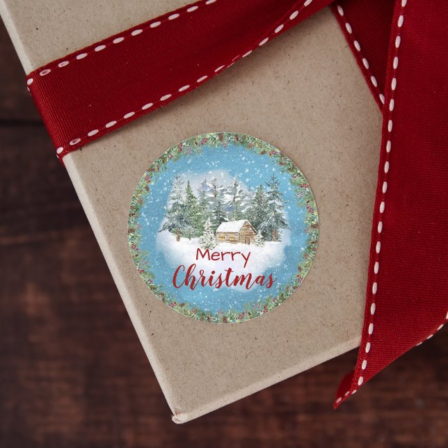 Winter Forest Rustic Cabin Merry Christmas Classic Round Sticker (Creator Uploaded)