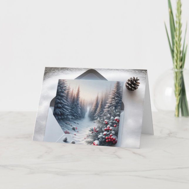 Winter Forest Scene In an Envelope Holiday Card (Front)