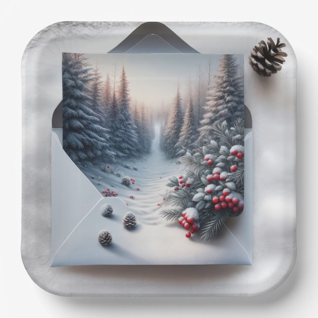 Winter Forest Scene In an Envelope Paper Plate (Front)