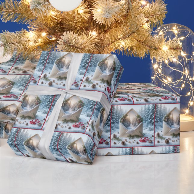 Winter Forest Scene In Open Envelope Wrapping Paper (Holidays)