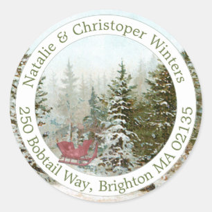 Winter Forest Scene Red Sled Christmas Address  Classic Round Sticker