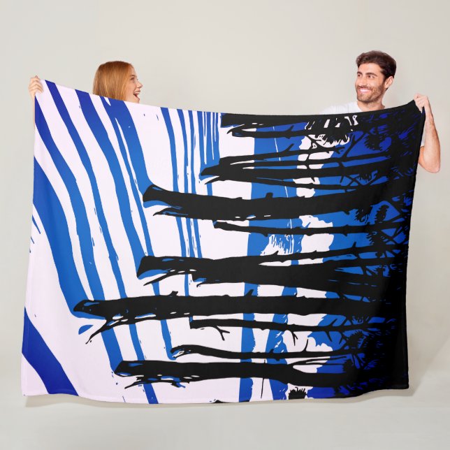 Winter Forest Shadows – Blue Minimal Nature Fleece Blanket (In Situ)