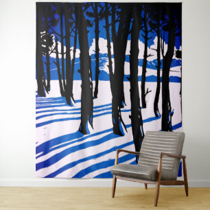 Winter Forest Shadows – Blue Minimal Nature Tapestry