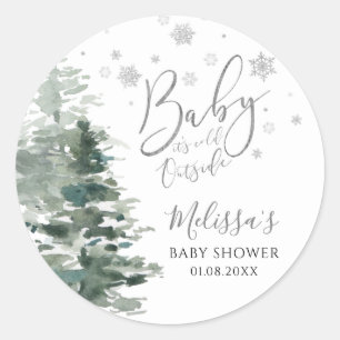 Winter Forest Silver It's Cold Outside Baby Shower Classic Round Sticker