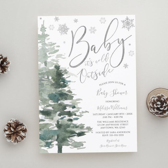 Winter Forest Silver It's Cold Outside Baby Shower Invitation (Creator Uploaded)