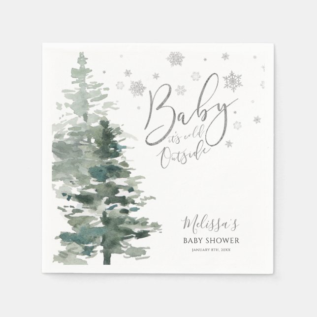 Winter Forest Silver It's Cold Outside Baby Shower Napkin (Front)