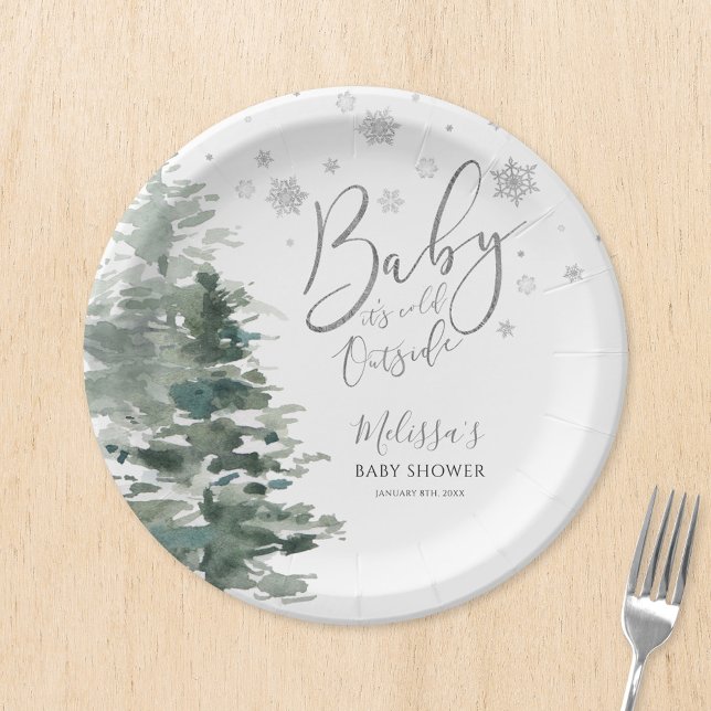 Winter Forest Silver It's Cold Outside Baby Shower Paper Plate (Creator Uploaded)