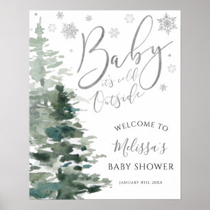 Winter Forest Silver It's Cold Outside Baby Shower Poster