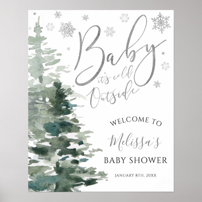 Winter Forest Silver It's Cold Outside Baby Shower Poster (Front)