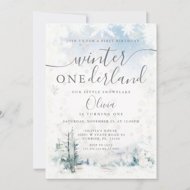  Winter Forest Snowflakes Onederland 1st Birthday Invitation (Front)