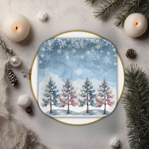Winter Forest Snowflakes & Pine Trees Baby Shower Paper Plate