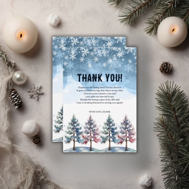 Winter Forest Snowflakes & Pine Trees Baby Shower Thank You Card (Creator Uploaded)