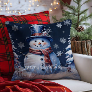 Winter Forest Snowman Christmas   Blue Cushion