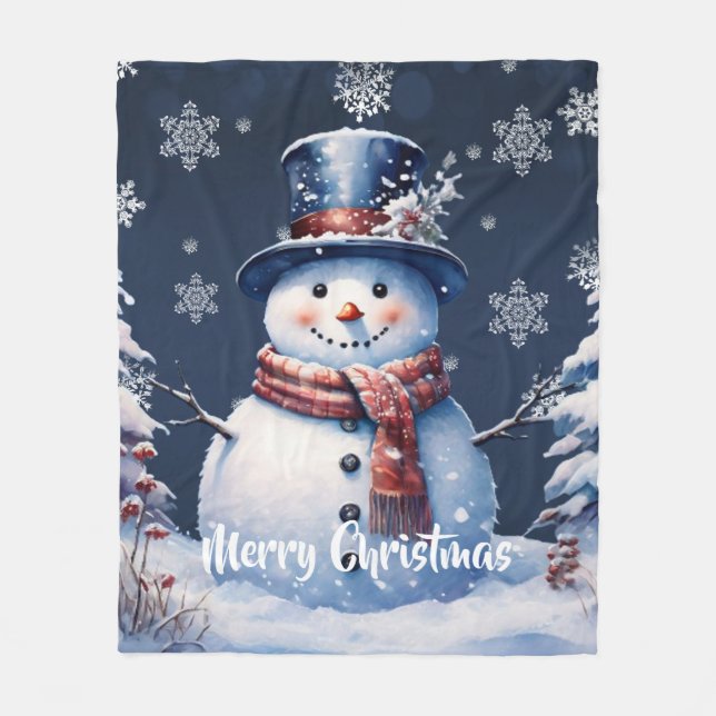 Winter Forest Snowman Christmas | Blue Fleece Blanket (Front)
