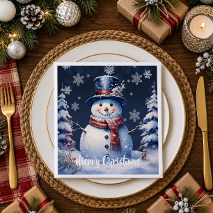 Winter Forest Snowman Christmas Blue Napkin