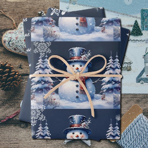 Winter Forest Snowman Christmas Blue Wrapping Paper Sheet