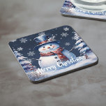 Winter Forest Snowman Christmas Coaster<br><div class="desc">Protect your table and counter tops this holiday season with a Winter Forest Snowman Christmas Plastic Coaster.  Coaster design features a cute snowman in a charming top hat and scarf standing in a winter forest scene with falling snow. Additional gift and holiday items available with this design as well.</div>