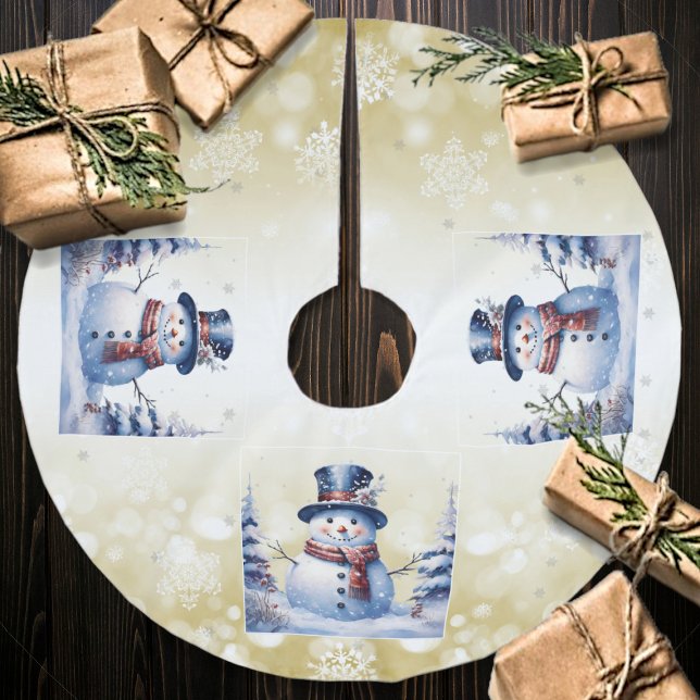 Winter Forest Snowman Christmas | Gold Brushed Polyester Tree Skirt (Gold Winter Forest Snowman Christmas Tree Skirt)