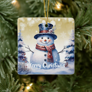 Winter Forest Snowman Christmas Gold Ceramic Ornament
